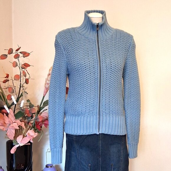 NWOT Peak Performance Women’s Baby Blue Long Sleeve Crochet Knit Cardigan - Picture 1 of 11